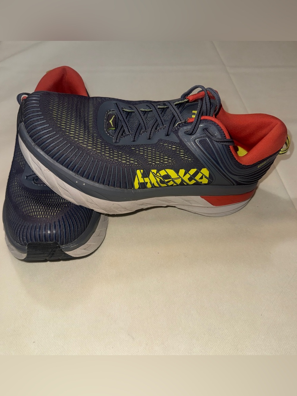 Hoka One One Men's Navy Blue with Coral and Yellow Running Shoes